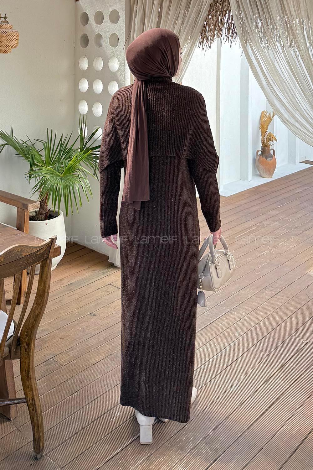 Lamelif Pelerin Yaka Triko Tesettür Elbise Acı Kahve