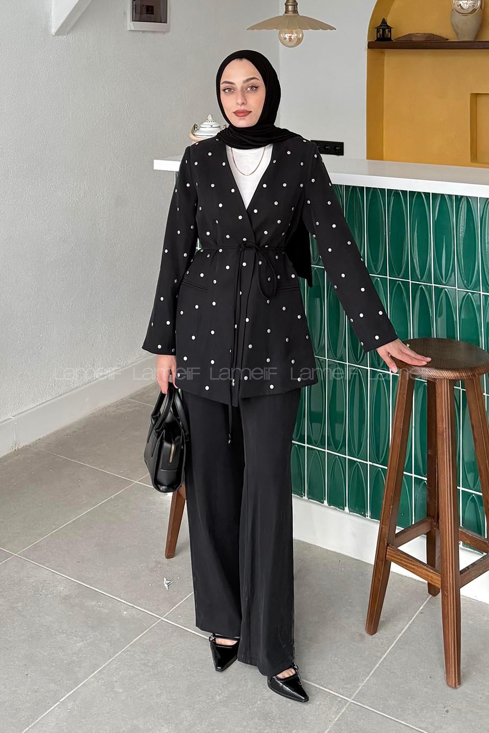 Lamelif Zımba Detaylı Pantolon-Ceket Takım Siyah