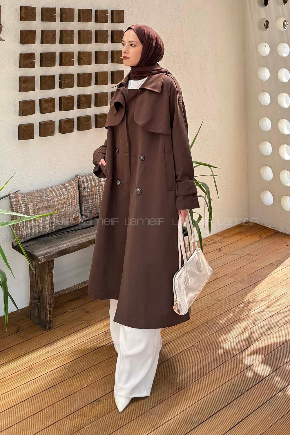 Lamelif Cep Yaka Trençkot Acı Kahve