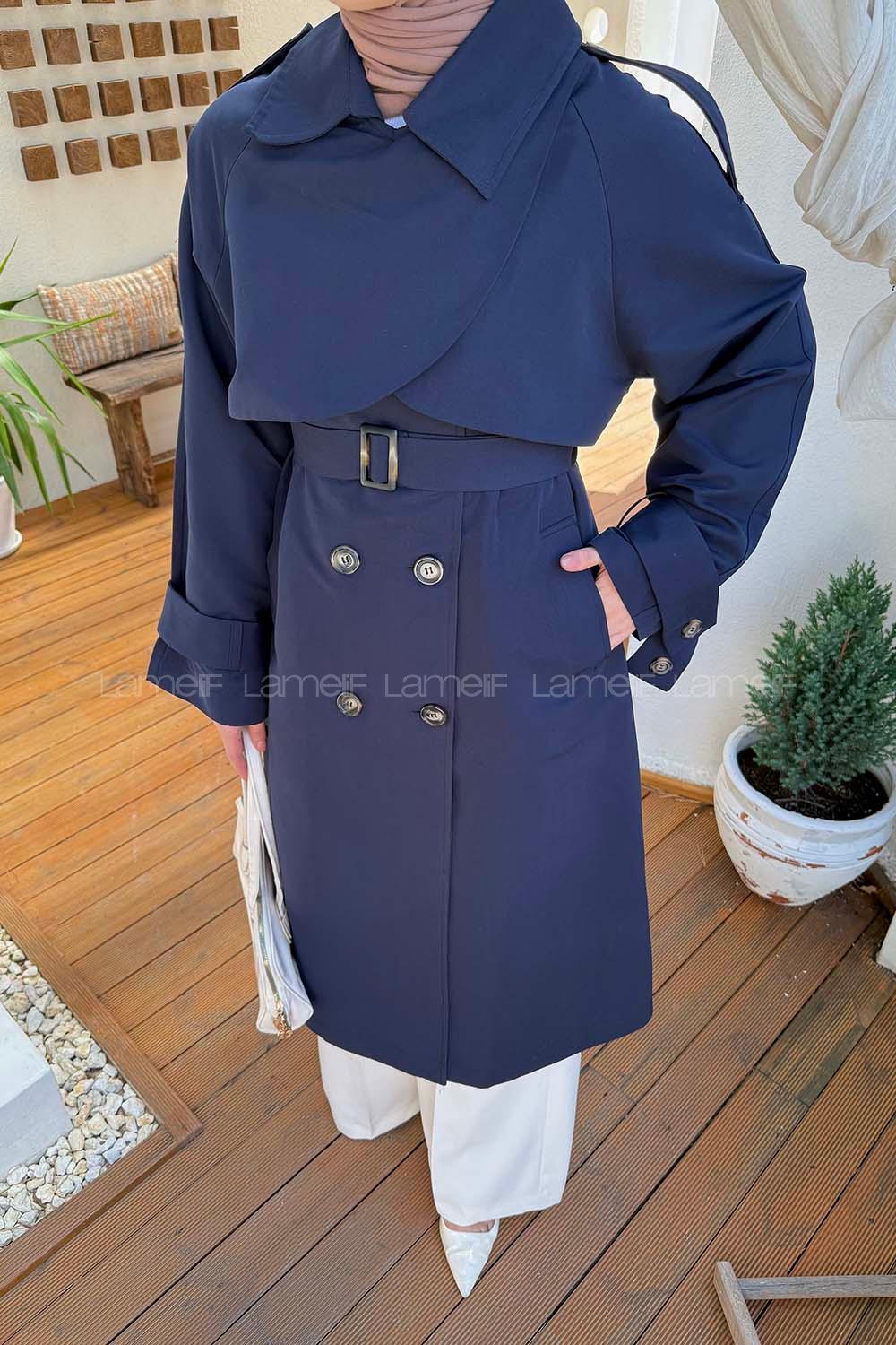 Lamelif Cep Yaka Trençkot Lacivert