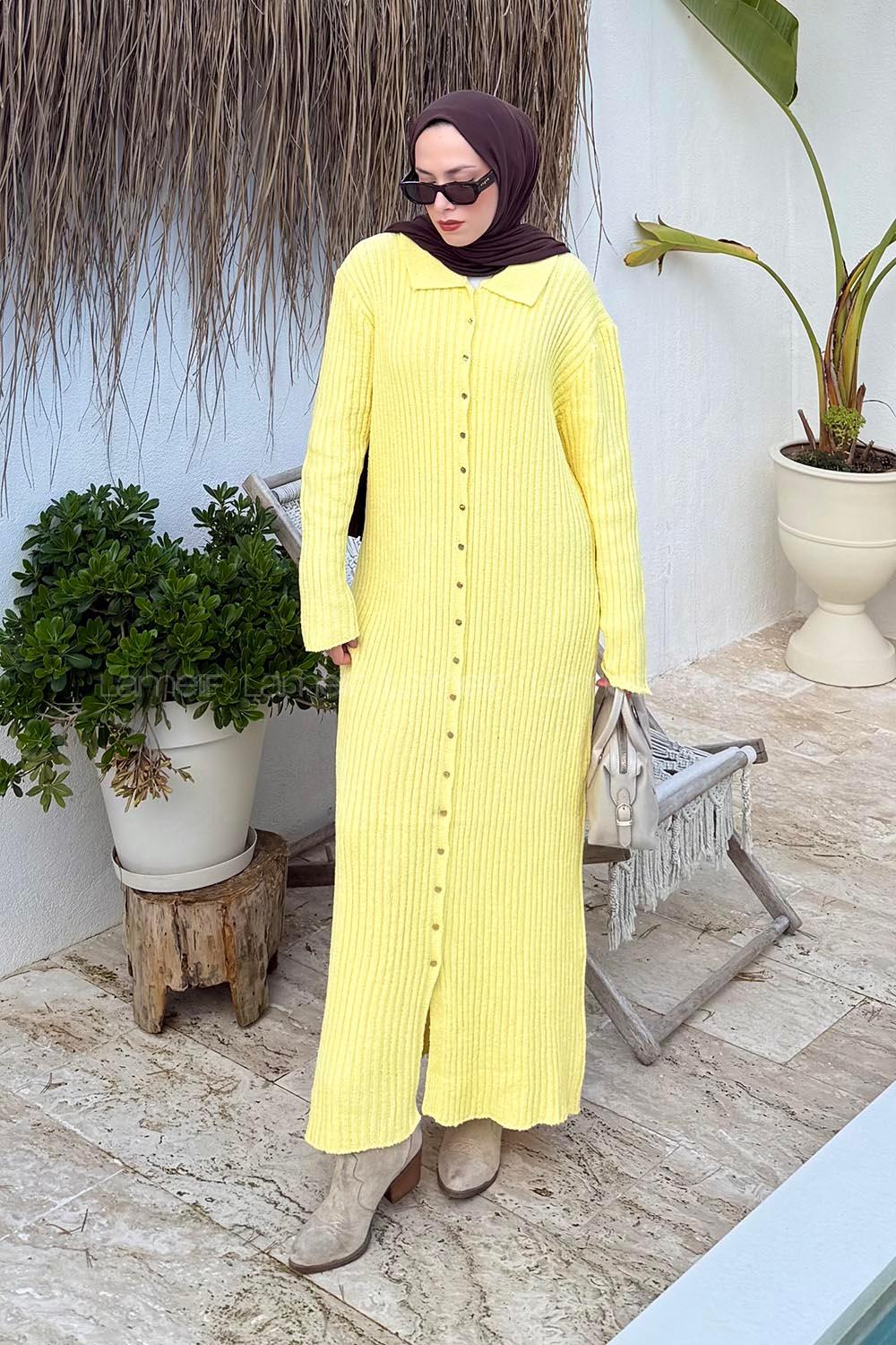 Lamelif Fitilli Triko Elbise Sarı