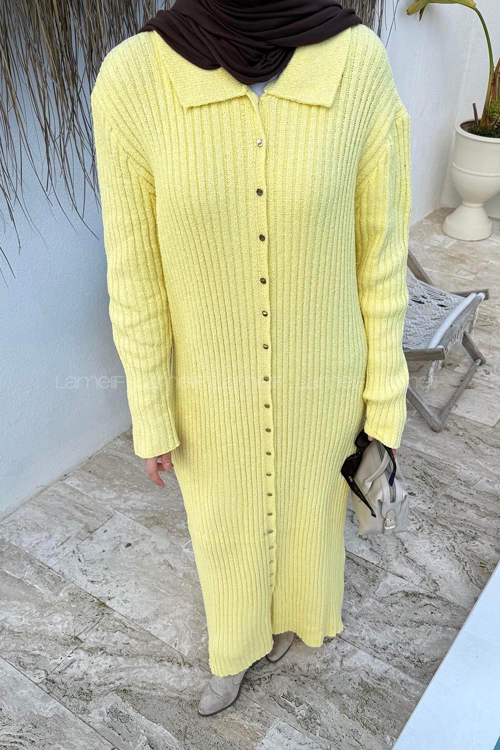 Lamelif Fitilli Triko Elbise Sarı