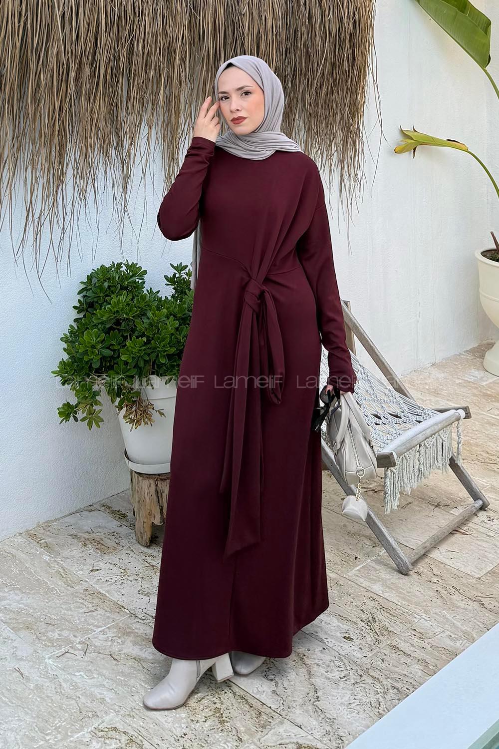 Claret Red Crew Neck Elastan Polyester Dresess