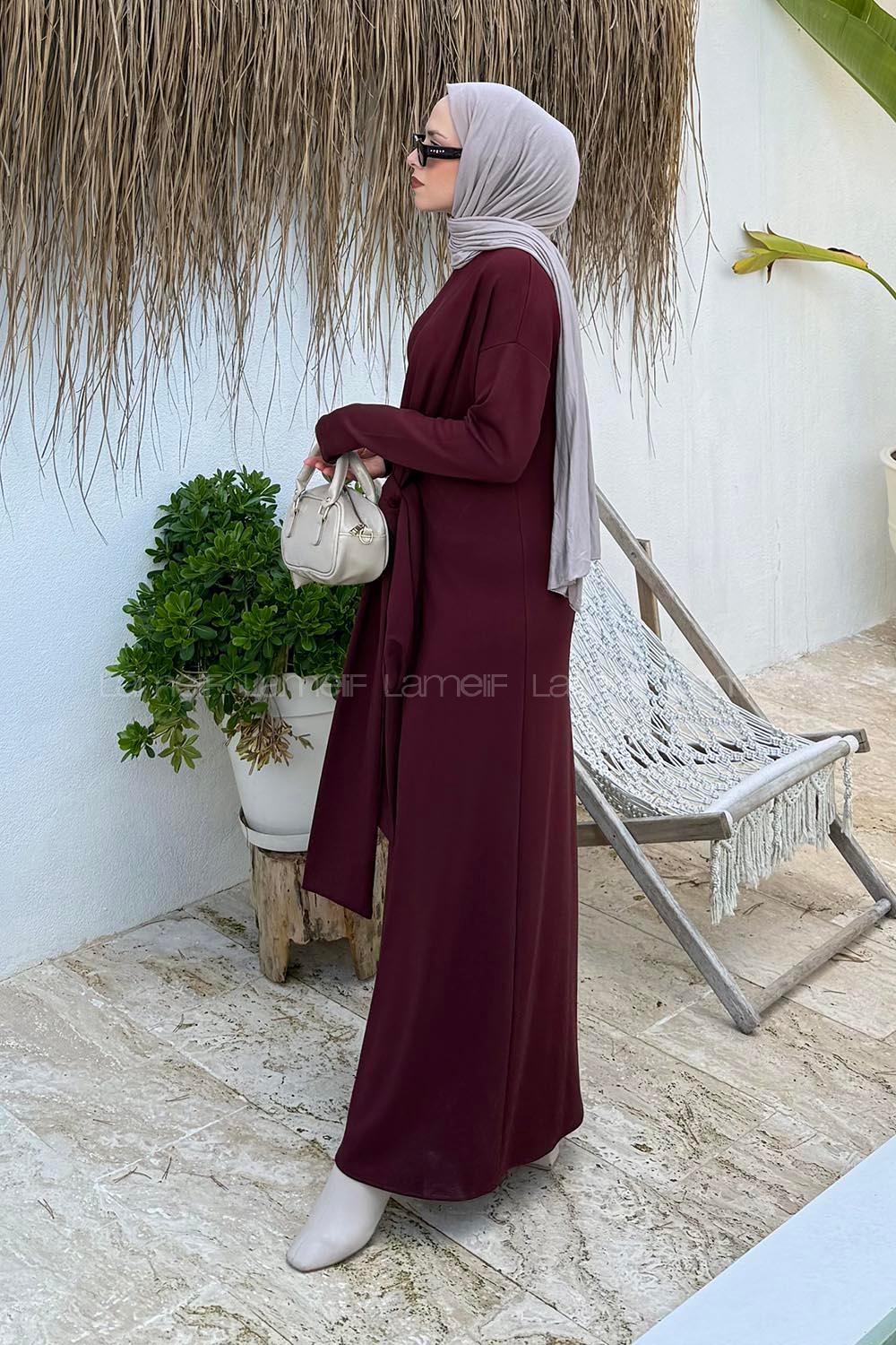 Claret Red Crew Neck Elastan Polyester Dresess