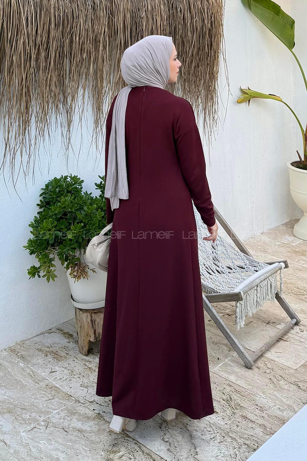 Claret Red Crew Neck Elastan Polyester Dresess