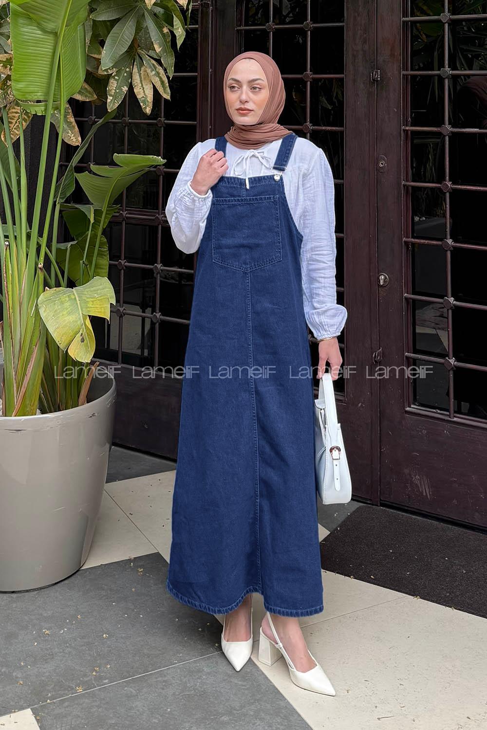Lamelif Ön Cep Detaylı Denim Salopet Elbise Yıkama