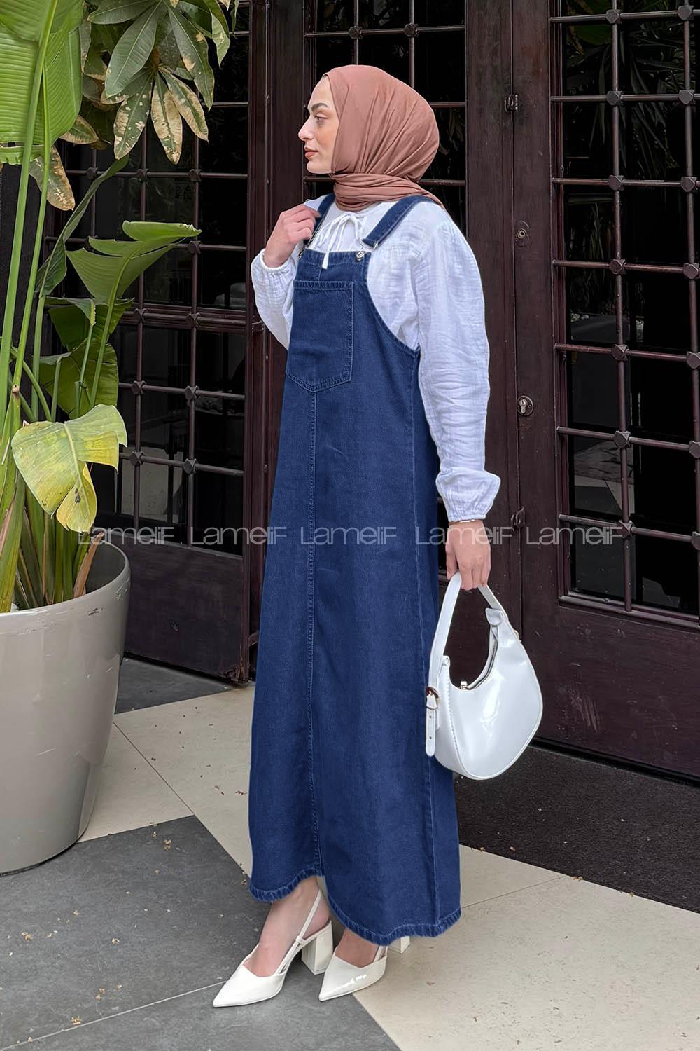 Lamelif Ön Cep Detaylı Denim Salopet Elbise Yıkama