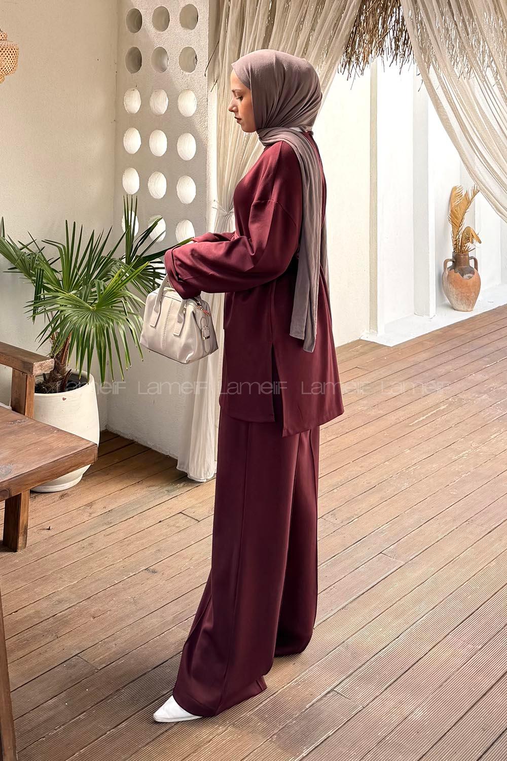 Claret Red Crew Neck Long Arm Viscose Fabric Elastan Regular Trousers Comfortable Suit
