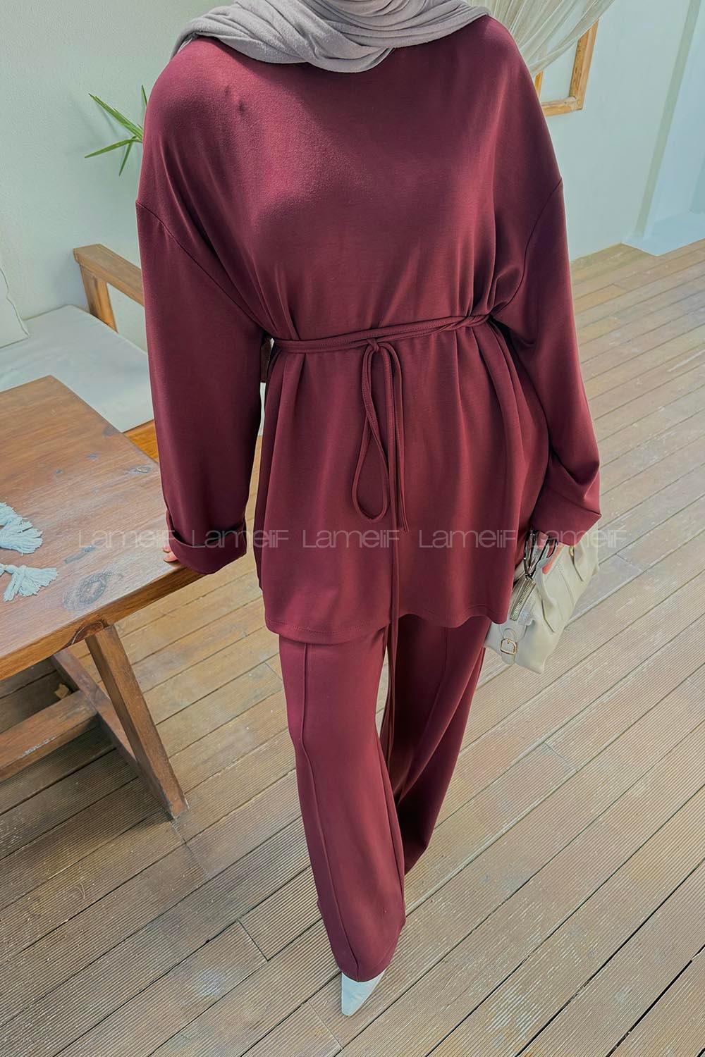 Claret Red Crew Neck Long Arm Viscose Fabric Elastan Regular Trousers Comfortable Suit
