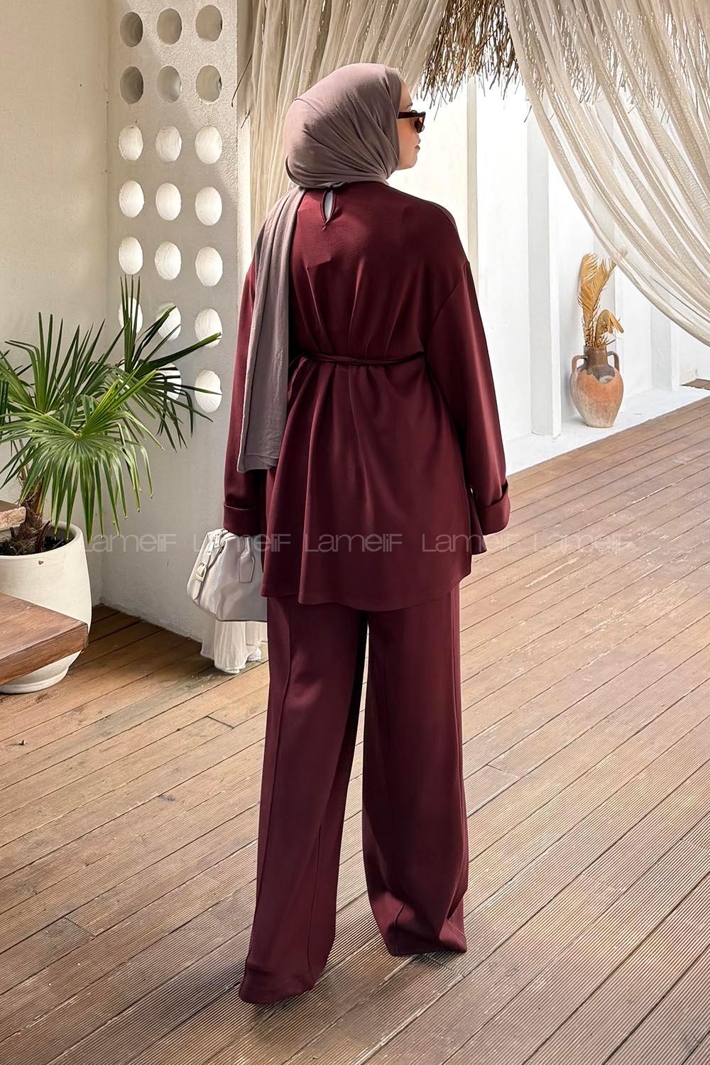 Claret Red Crew Neck Long Arm Viscose Fabric Elastan Regular Trousers Comfortable Suit