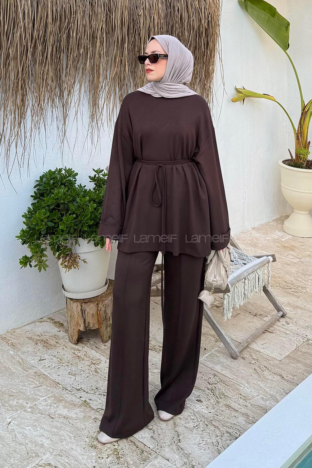 Brown Crew Neck Long Arm Viscose Fabric Elastan Regular Trousers Comfortable Suit