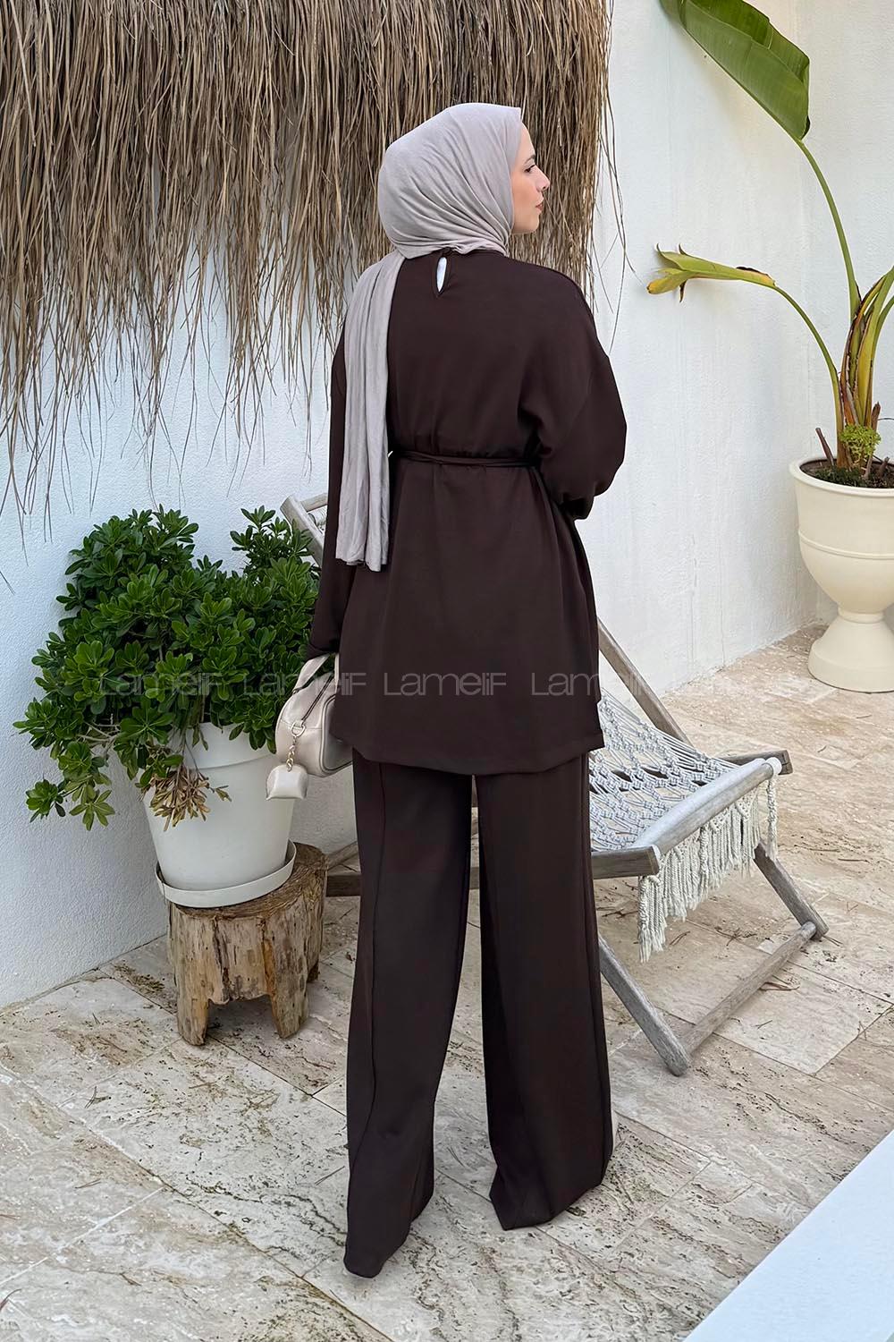 Brown Crew Neck Long Arm Viscose Fabric Elastan Regular Trousers Comfortable Suit