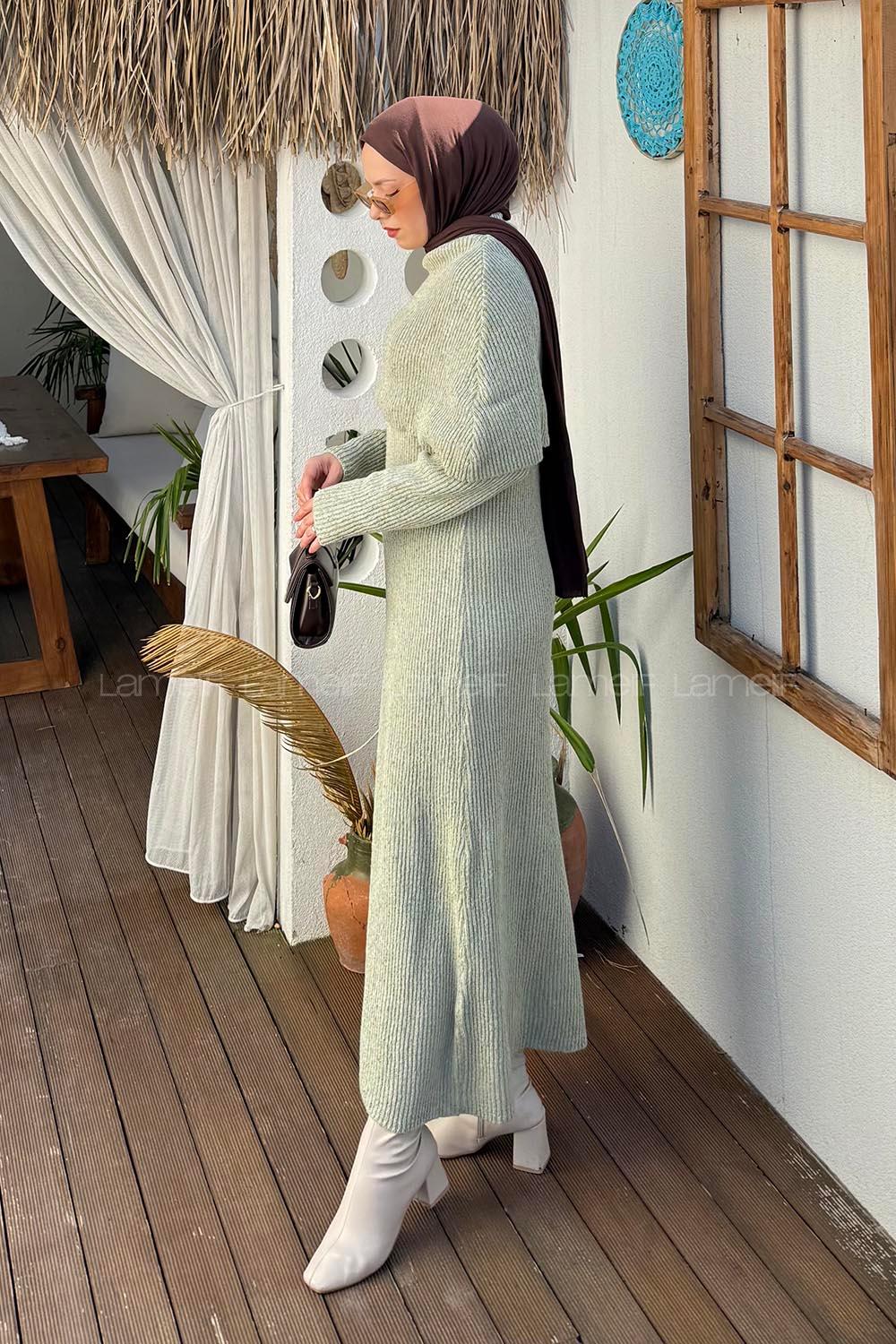 Lamelif Pelerin Yaka Triko Tesettür Elbise Yeşil