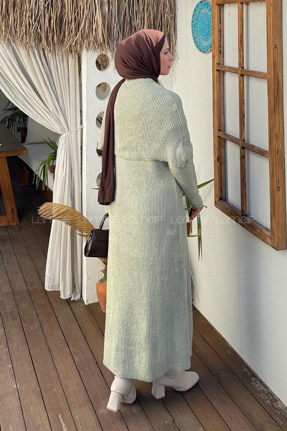 Lamelif Pelerin Yaka Triko Tesettür Elbise Yeşil