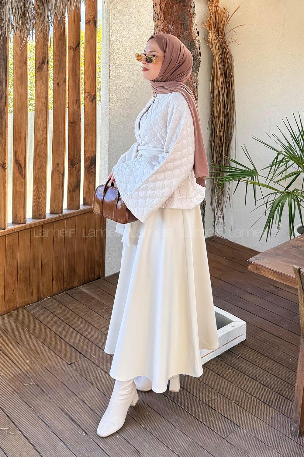 Beige Crew Neck Long Arm Polyester Flared Skirt Suit