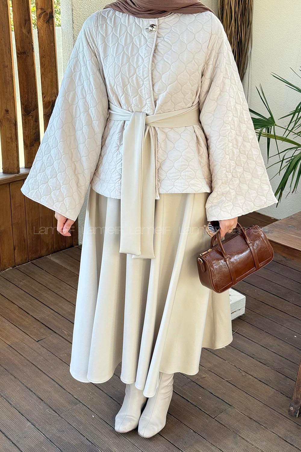 Beige Crew Neck Long Arm Polyester Flared Skirt Suit