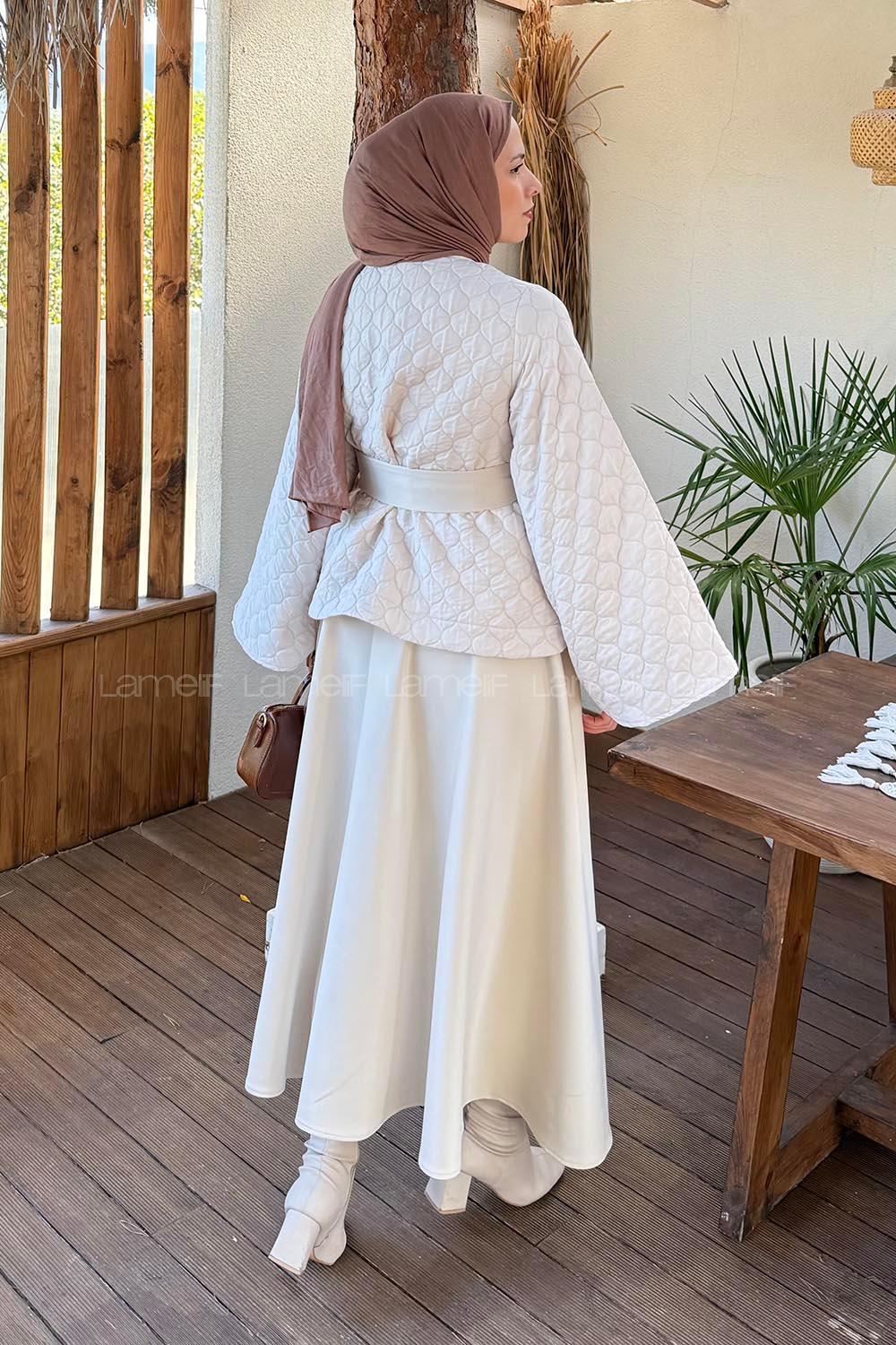 Beige Crew Neck Long Arm Polyester Flared Skirt Suit