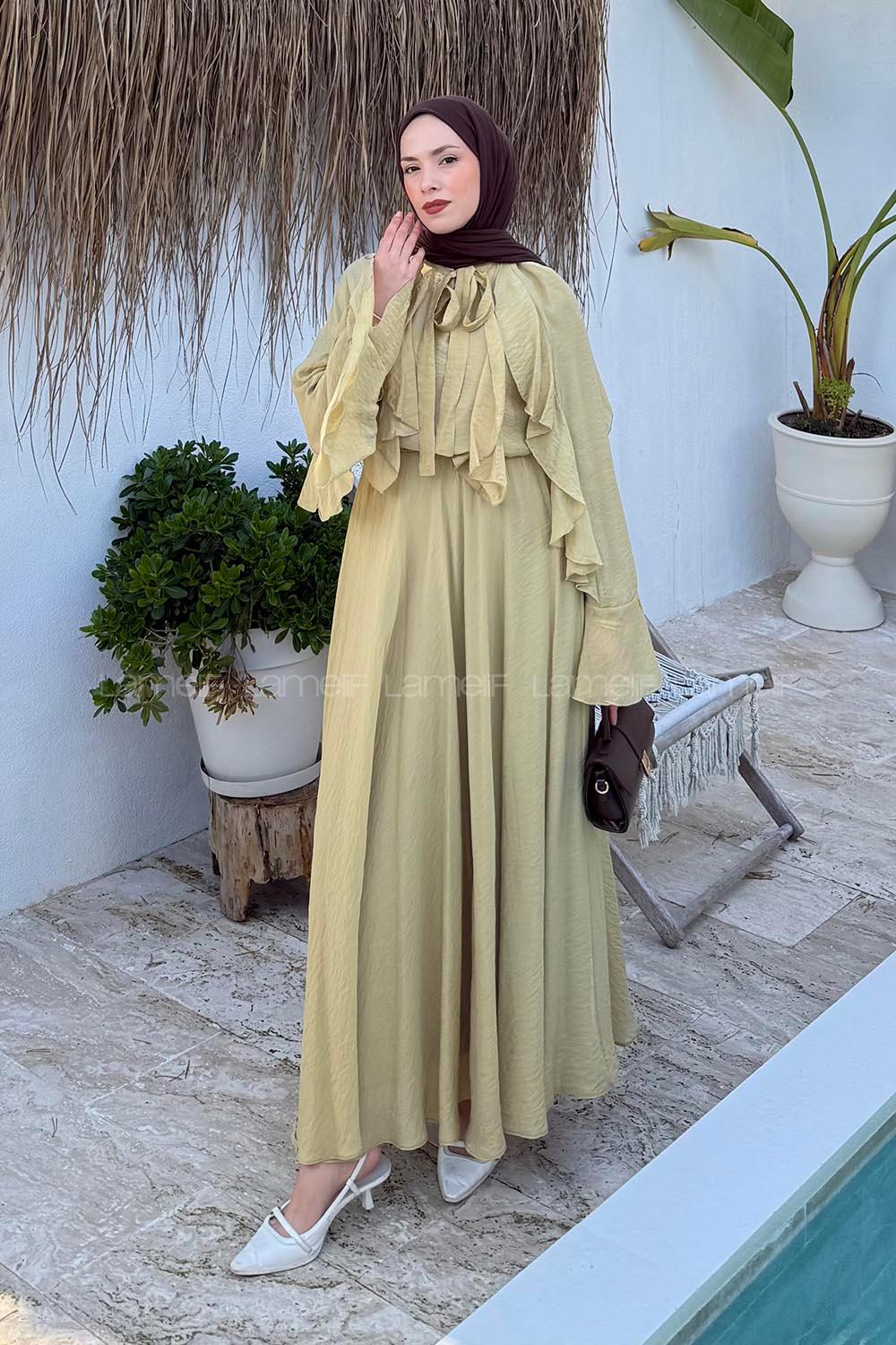 Lamelif Volanlı Tensel Tesettür Takım Yağ Yeşili
