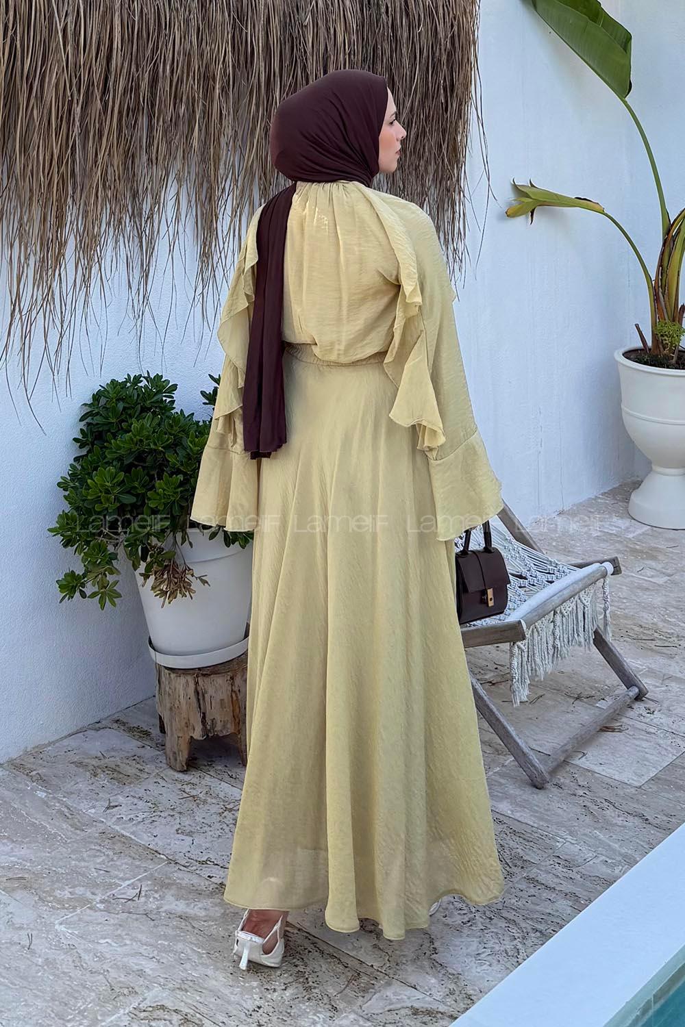 Lamelif Volanlı Tensel Tesettür Takım Yağ Yeşili