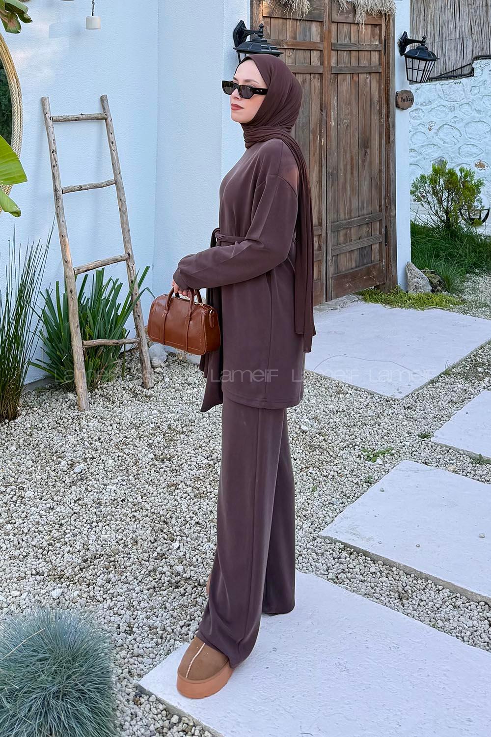 Lamelif Oysho Bağlama Detaylı İkili Takım Acı Kahve