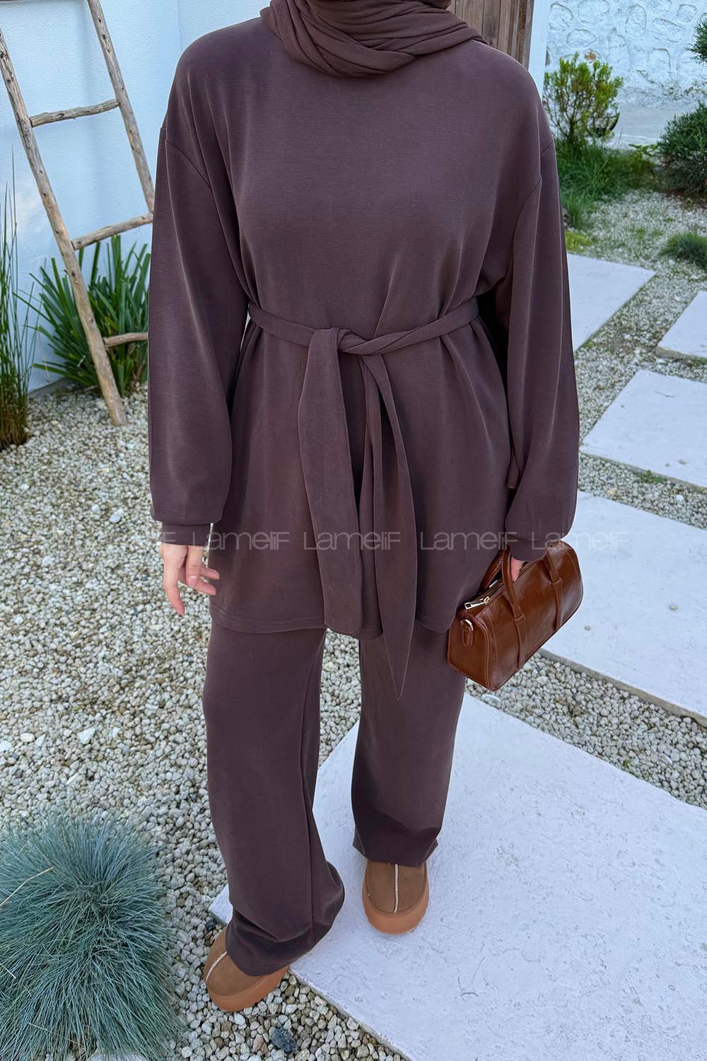 Lamelif Oysho Bağlama Detaylı İkili Takım Acı Kahve