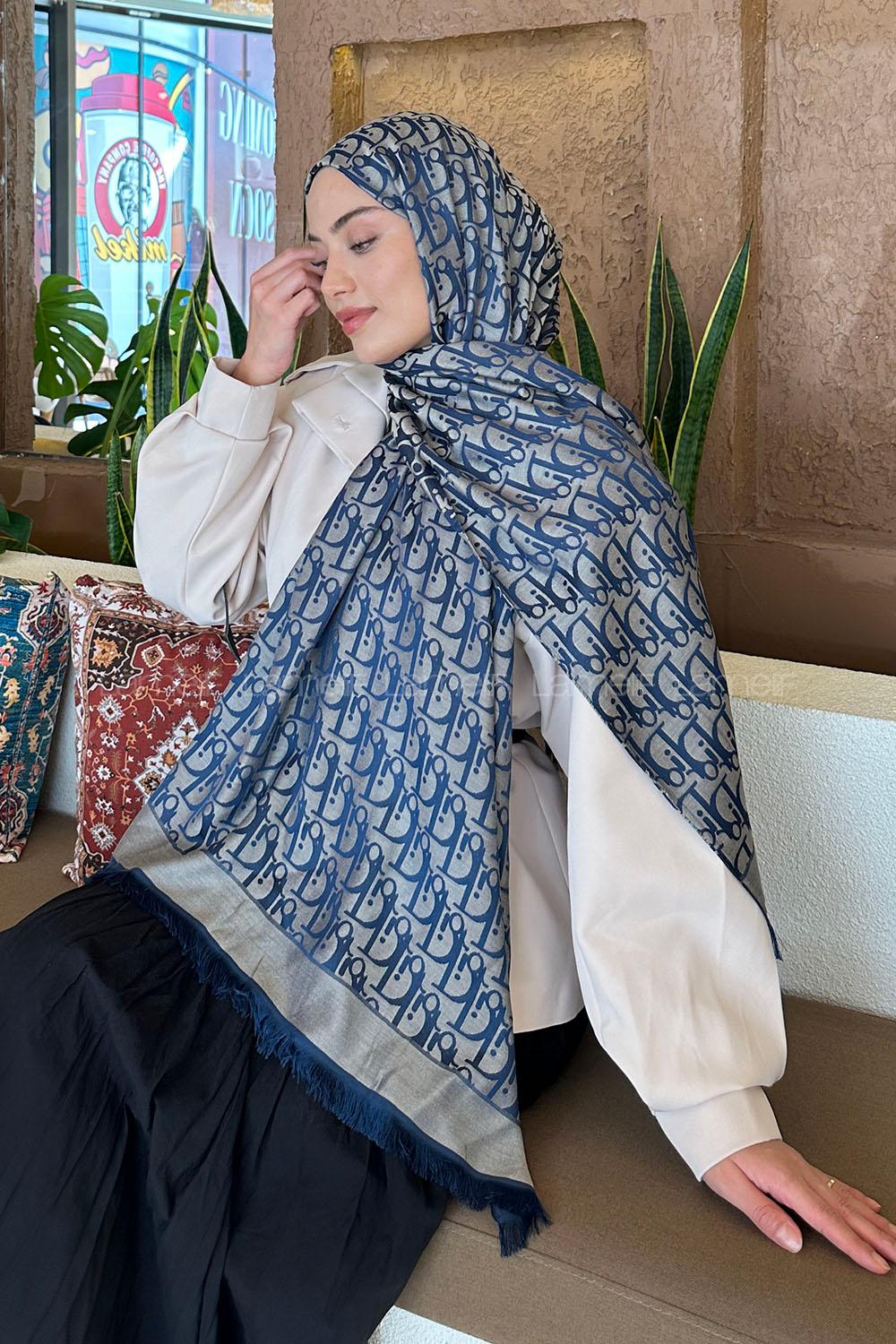 Lamelif Dior Desen Kaşmir Çift Taraflı Şal Gece Mavisi