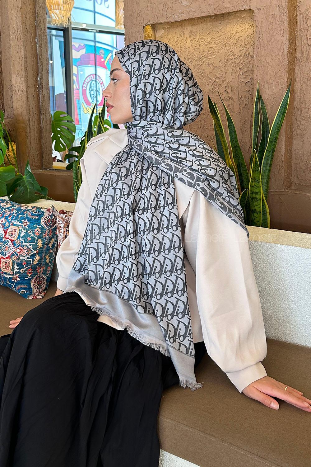 Lamelif Dior Desen Kaşmir Çift Taraflı Şal Gri Antrasit