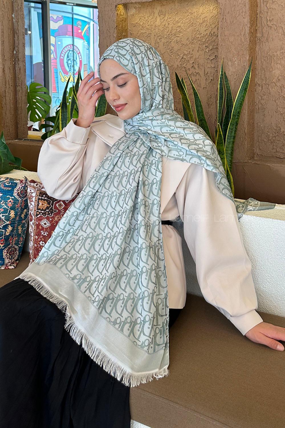 Lamelif Dior Desen Kaşmir Çift Taraflı Şal Gümüş