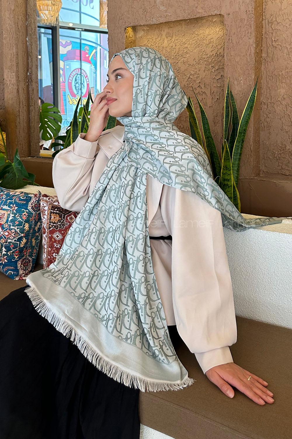 Lamelif Dior Desen Kaşmir Çift Taraflı Şal Gümüş