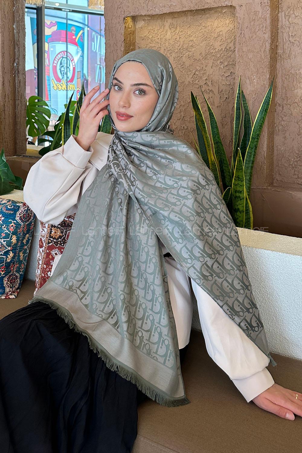 Lamelif Dior Desen Kaşmir Çift Taraflı Şal Adaçayı