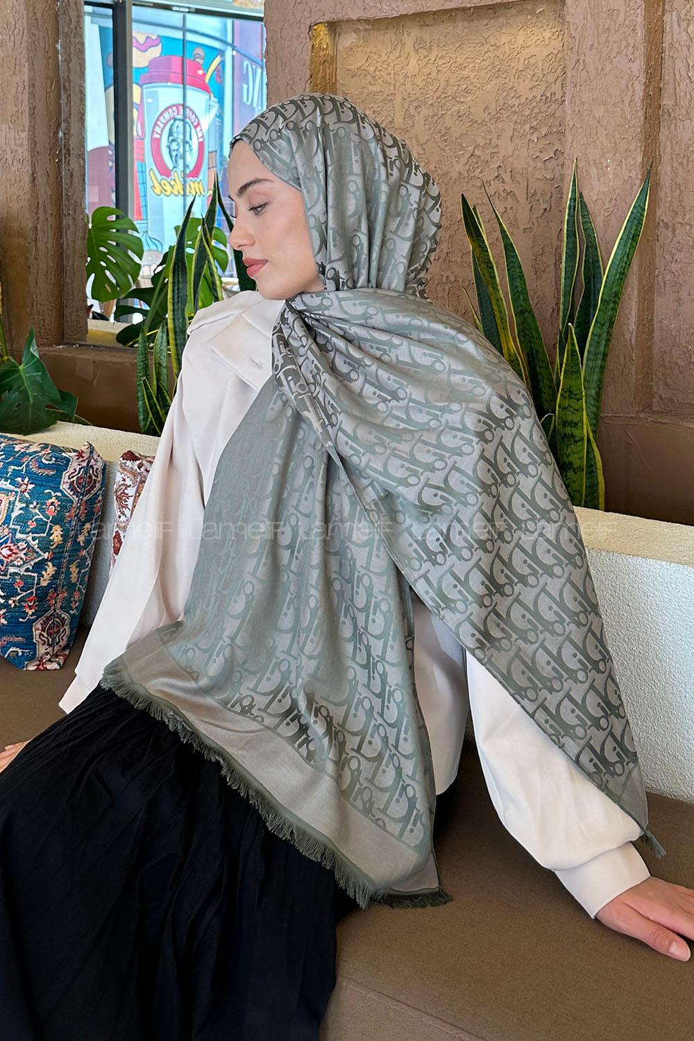 Lamelif Dior Desen Kaşmir Çift Taraflı Şal Adaçayı