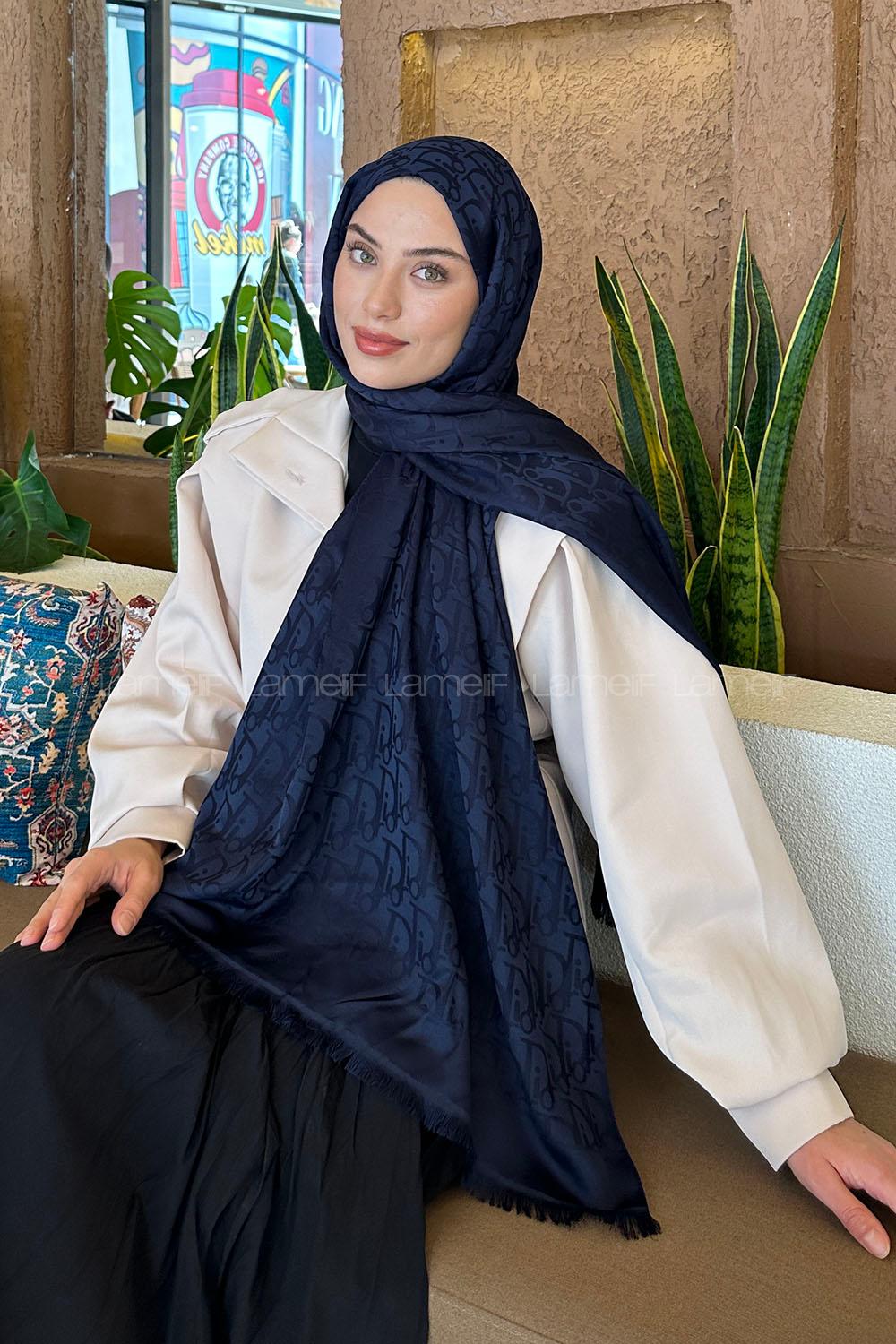 Lamelif Dior Desen Kaşmir Çift Taraflı Şal Lacivert