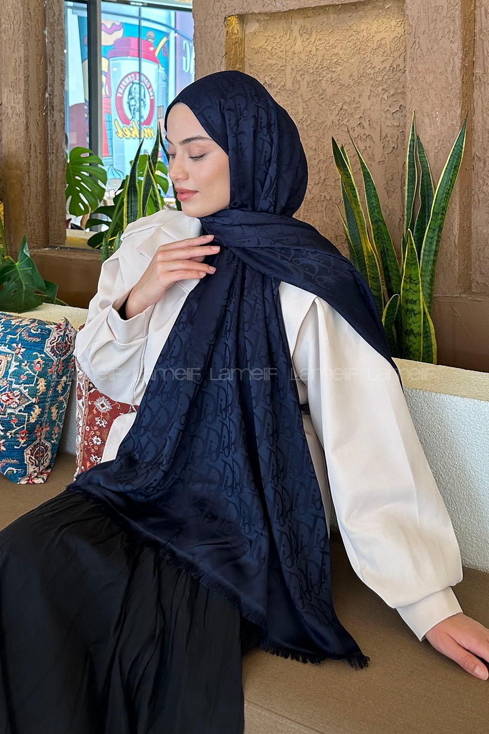 Lamelif Dior Desen Kaşmir Çift Taraflı Şal Lacivert