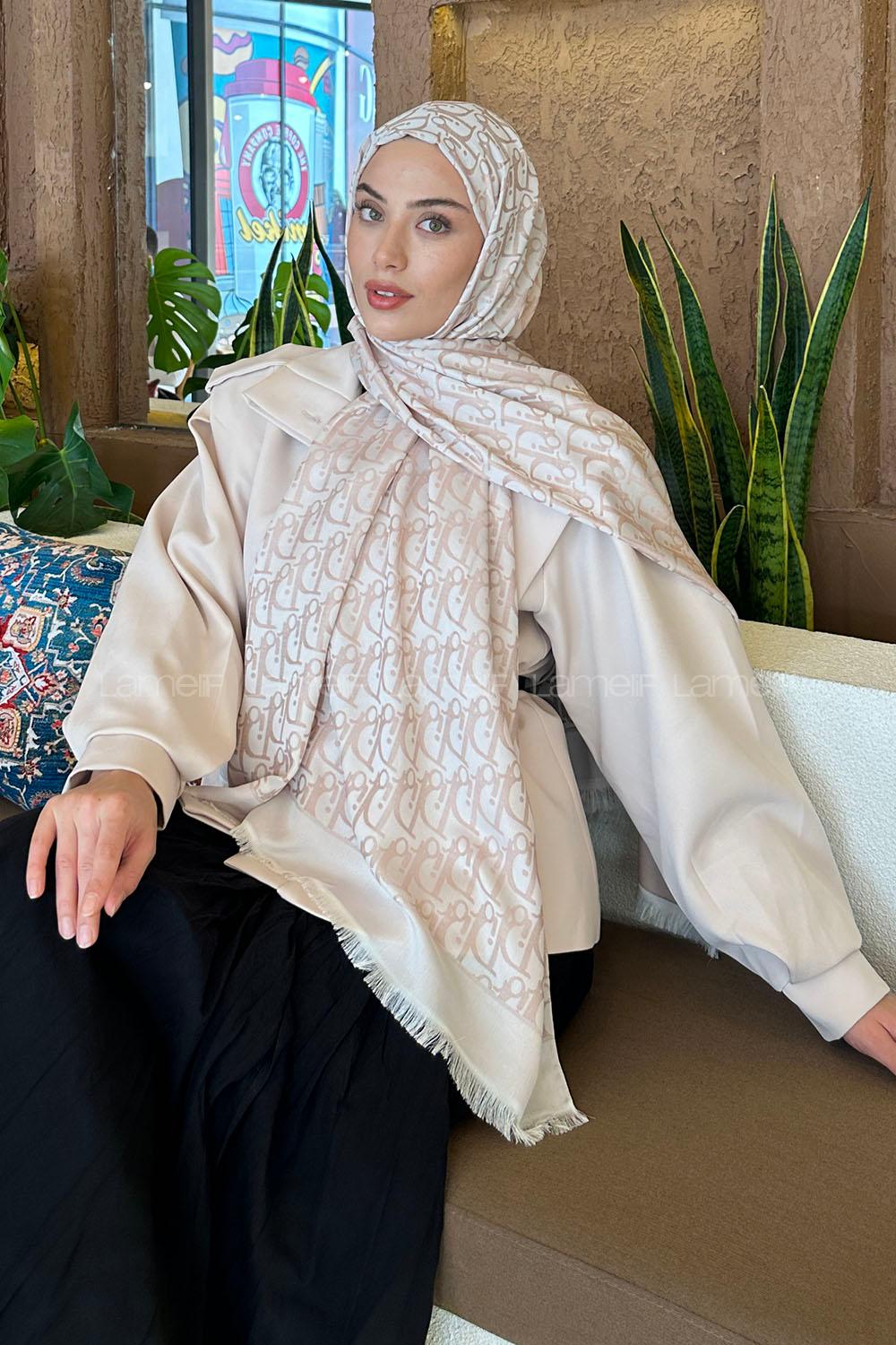 Lamelif Dior Desen Kaşmir Çift Taraflı Şal Vizon