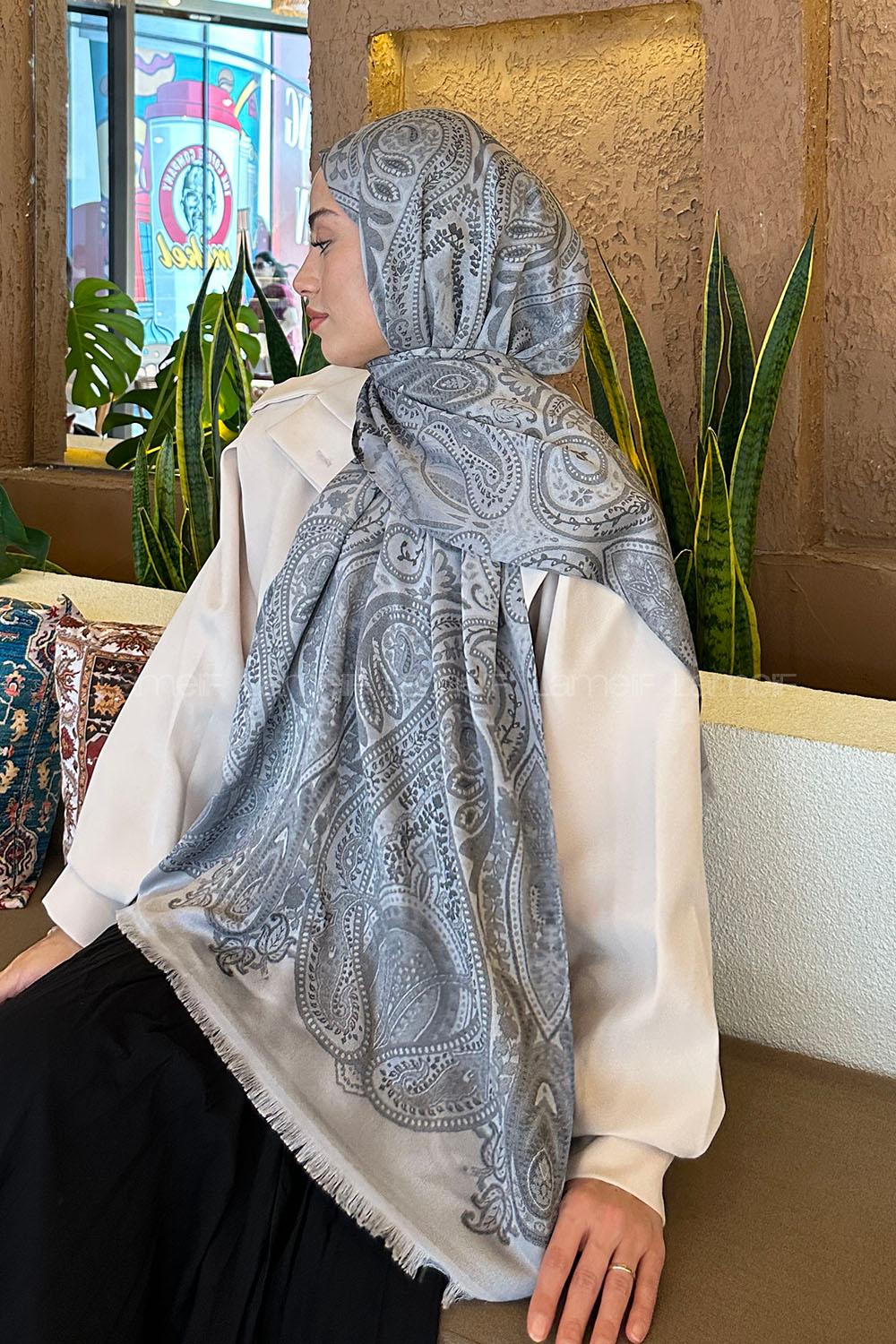 Lamelif Etnik Retro Desen Kaşmir Çift Taraflı Şal Gri Antrasit