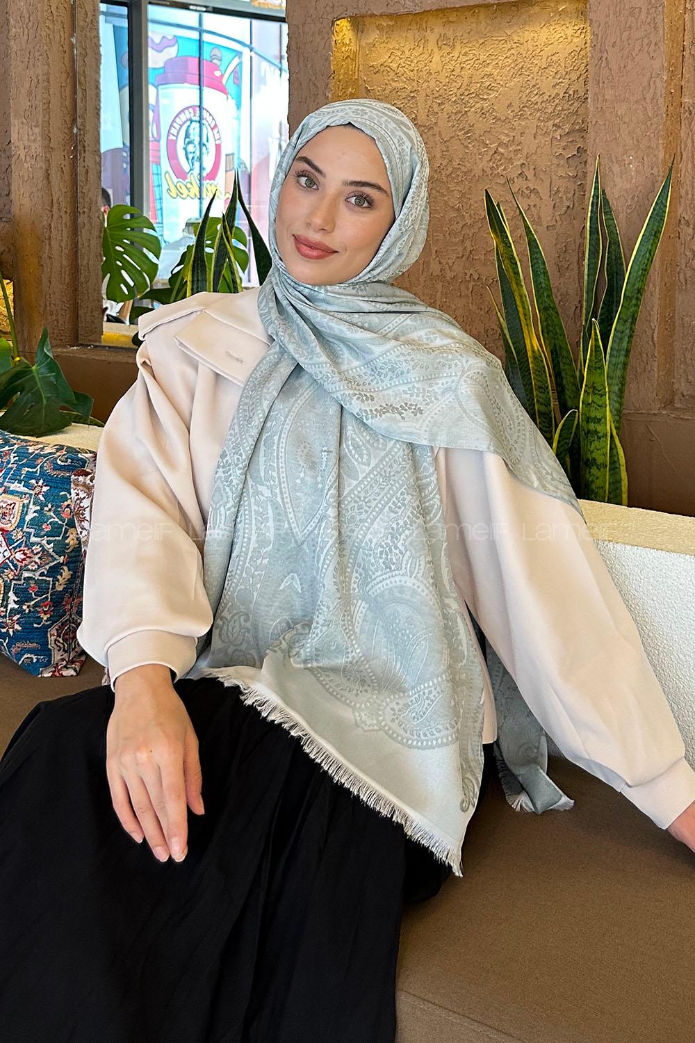 Lamelif Etnik Retro Desen Kaşmir Çift Taraflı Şal Gümüş