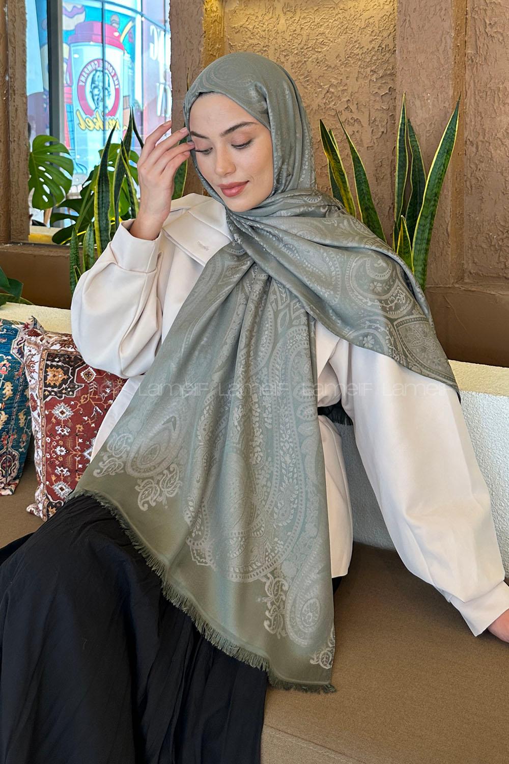 Lamelif Etnik Retro Desen Kaşmir Çift Taraflı Şal Haki