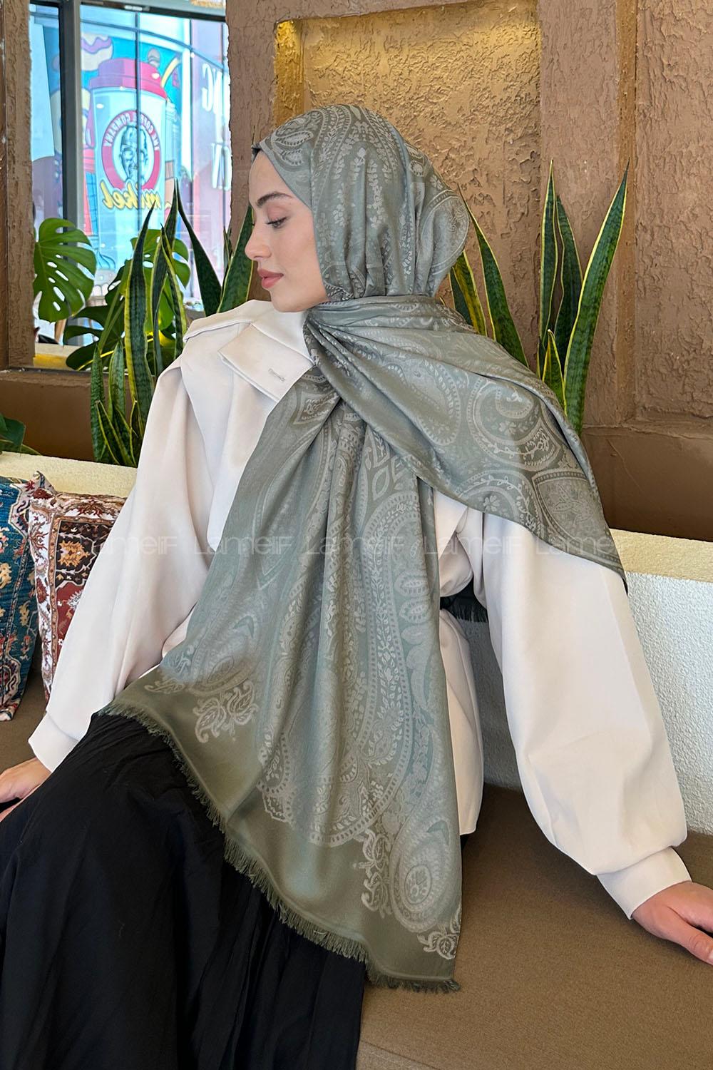 Lamelif Etnik Retro Desen Kaşmir Çift Taraflı Şal Haki