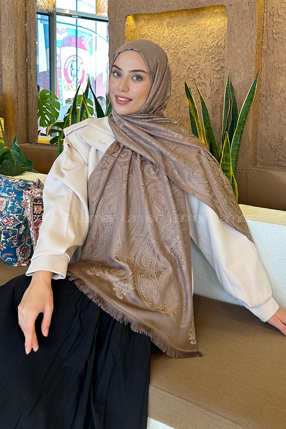 Lamelif Etnik Retro Desen Kaşmir Çift Taraflı Şal Kahverengi