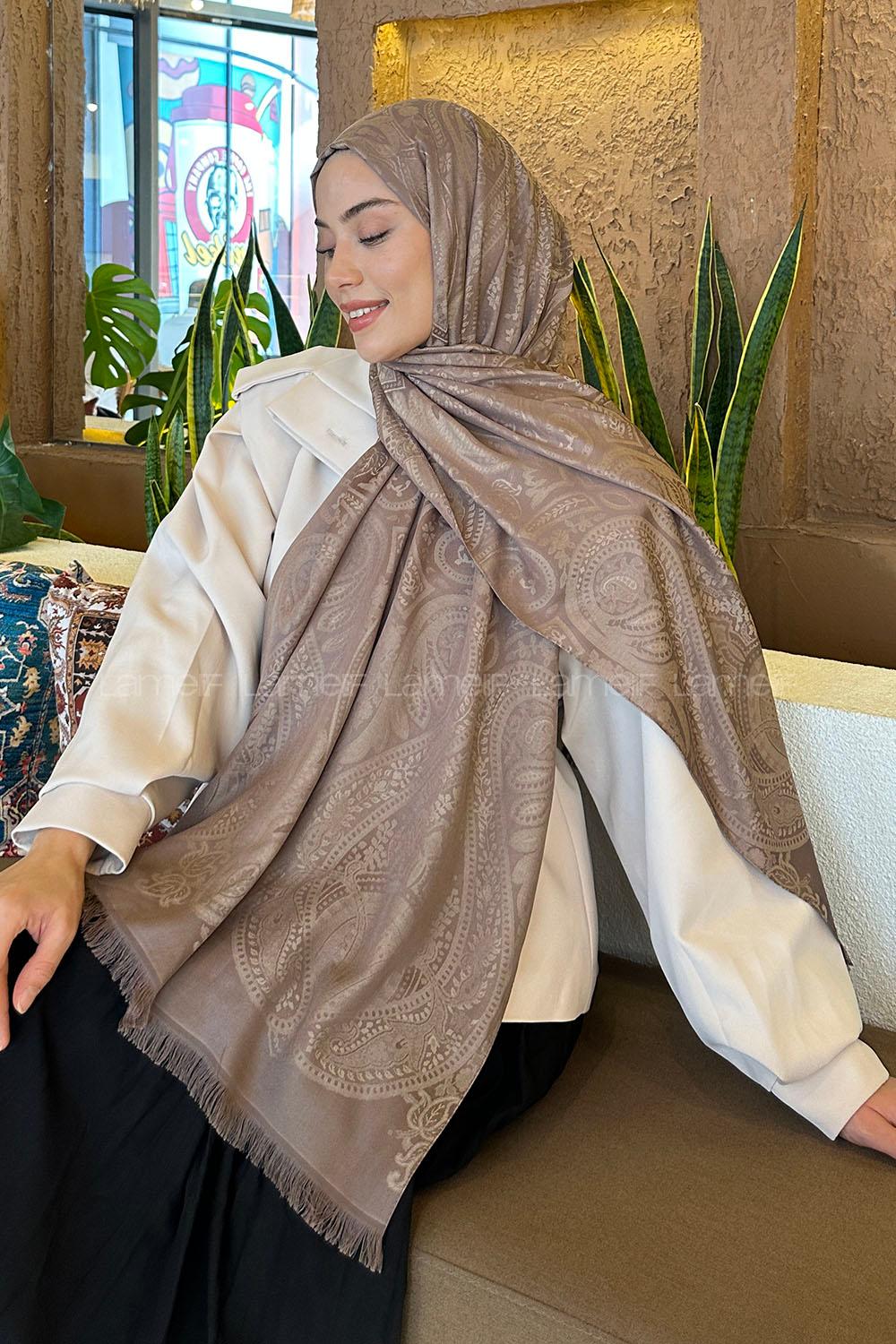 Lamelif Etnik Retro Desen Kaşmir Çift Taraflı Şal Kahverengi