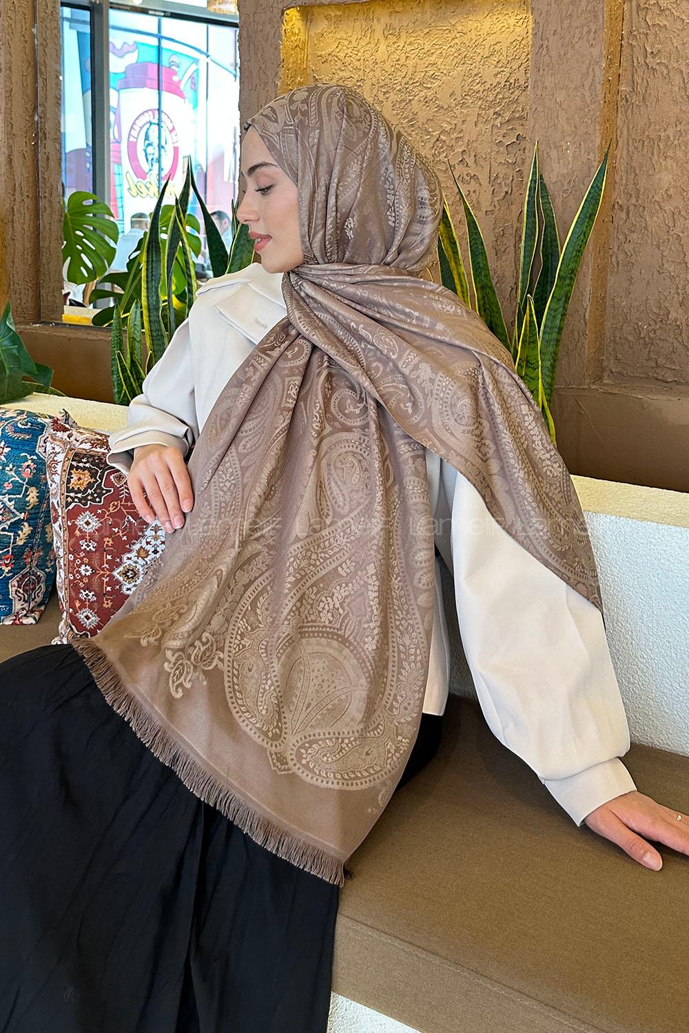 Lamelif Etnik Retro Desen Kaşmir Çift Taraflı Şal Kahverengi