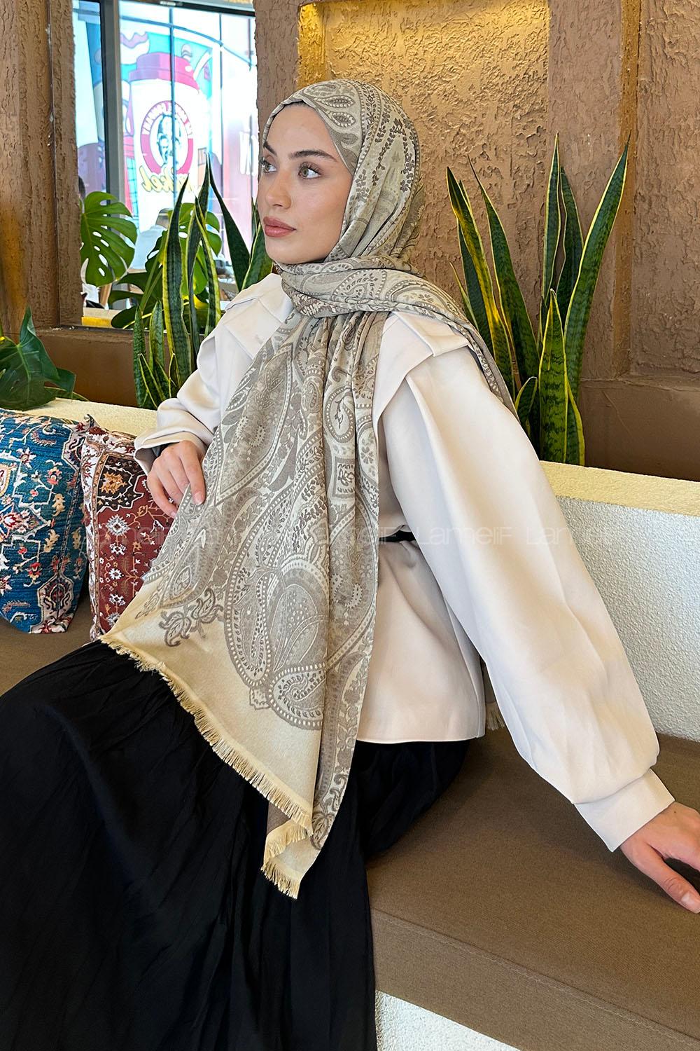 Lamelif Etnik Retro Desen Kaşmir Çift Taraflı Şal Soft Kahve Bej