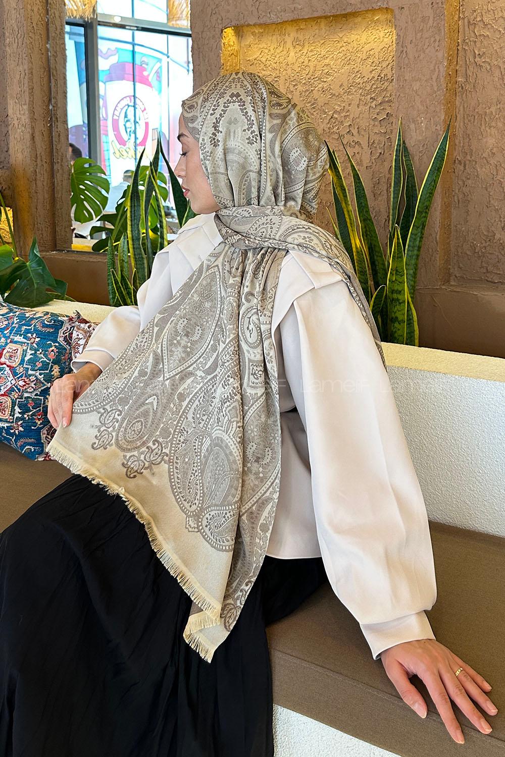 Lamelif Etnik Retro Desen Kaşmir Çift Taraflı Şal Soft Kahve Bej