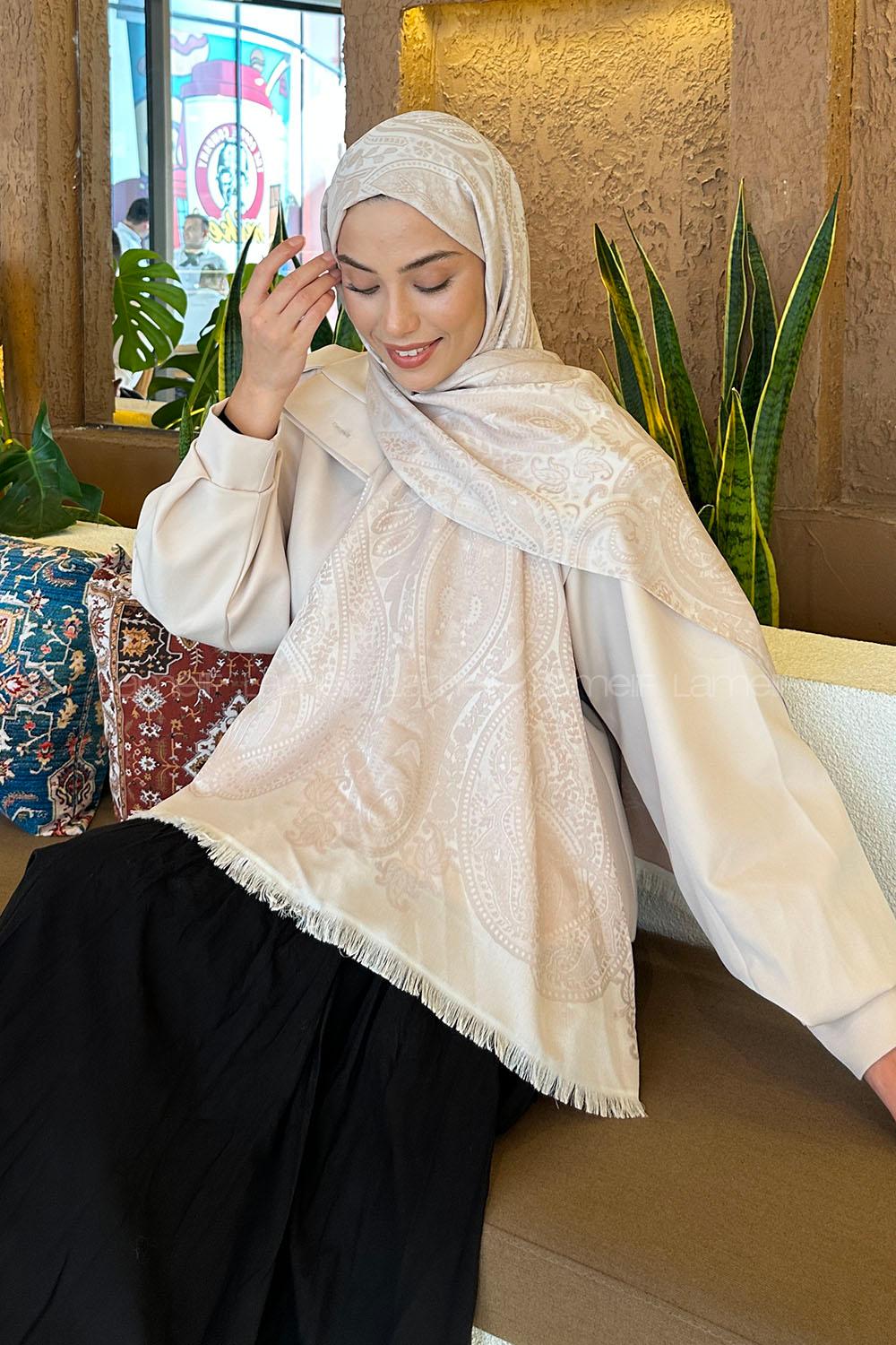 Lamelif Etnik Retro Desen Kaşmir Çift Taraflı Şal Vizon