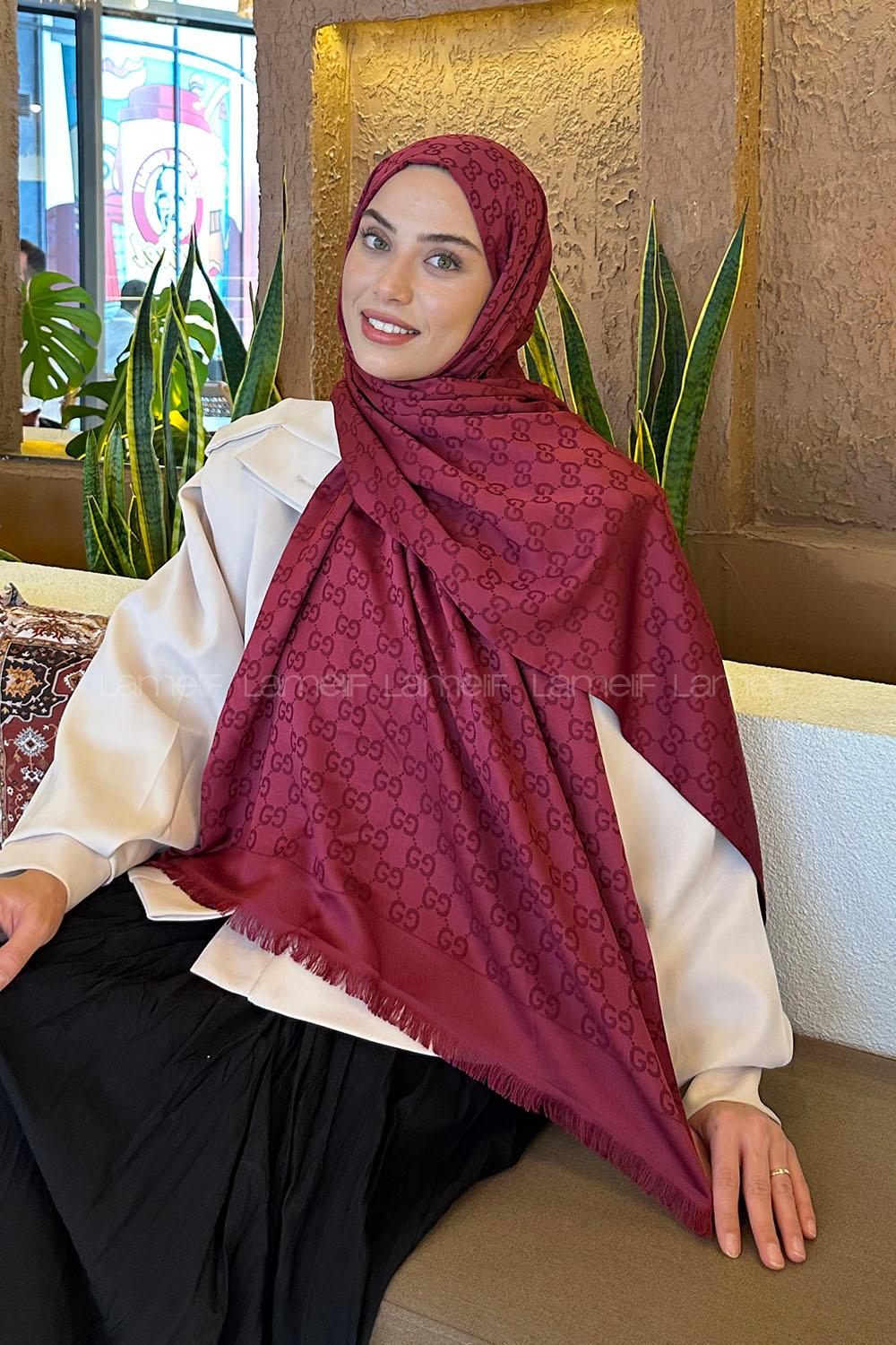 Lamelif G Desen Kaşmir Çift Taraflı Şal Bordo