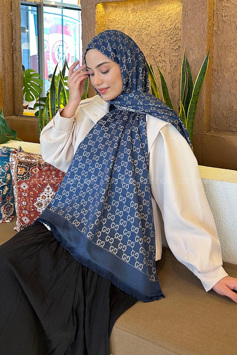 Lamelif G Desen Kaşmir Çift Taraflı Şal Gece Mavisi