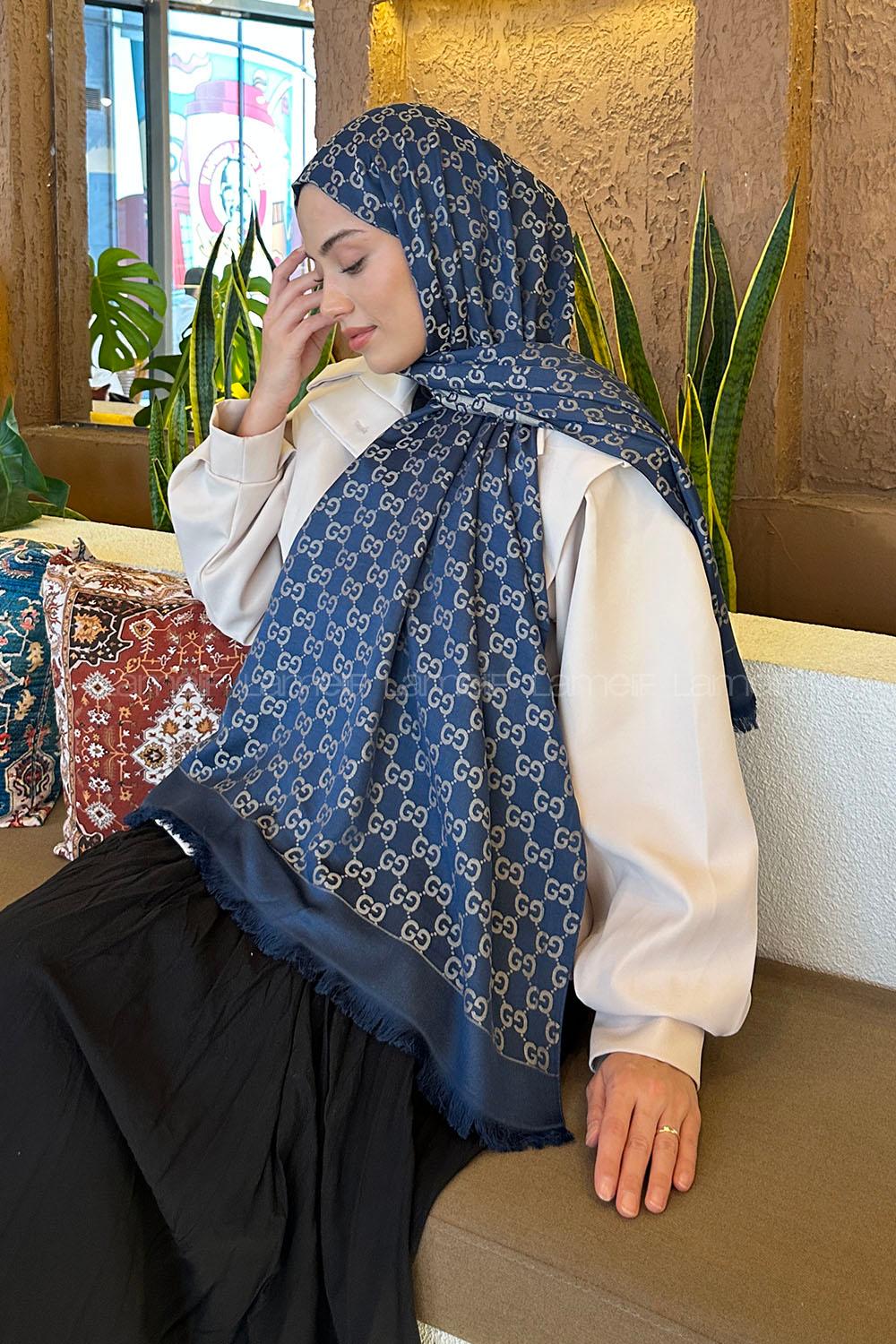 Lamelif G Desen Kaşmir Çift Taraflı Şal Gece Mavisi