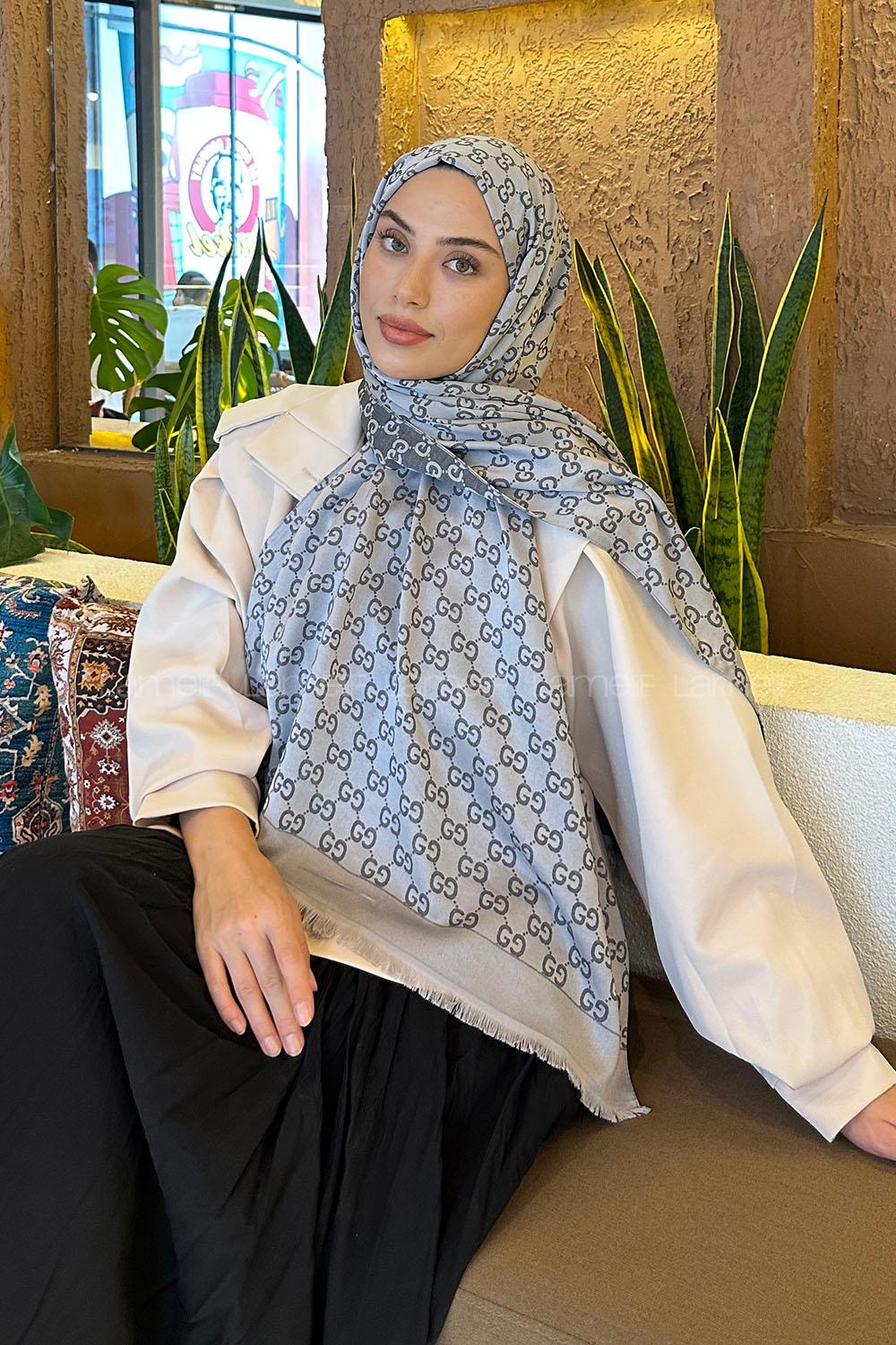 Lamelif G Desen Kaşmir Çift Taraflı Şal Gri Antrasit