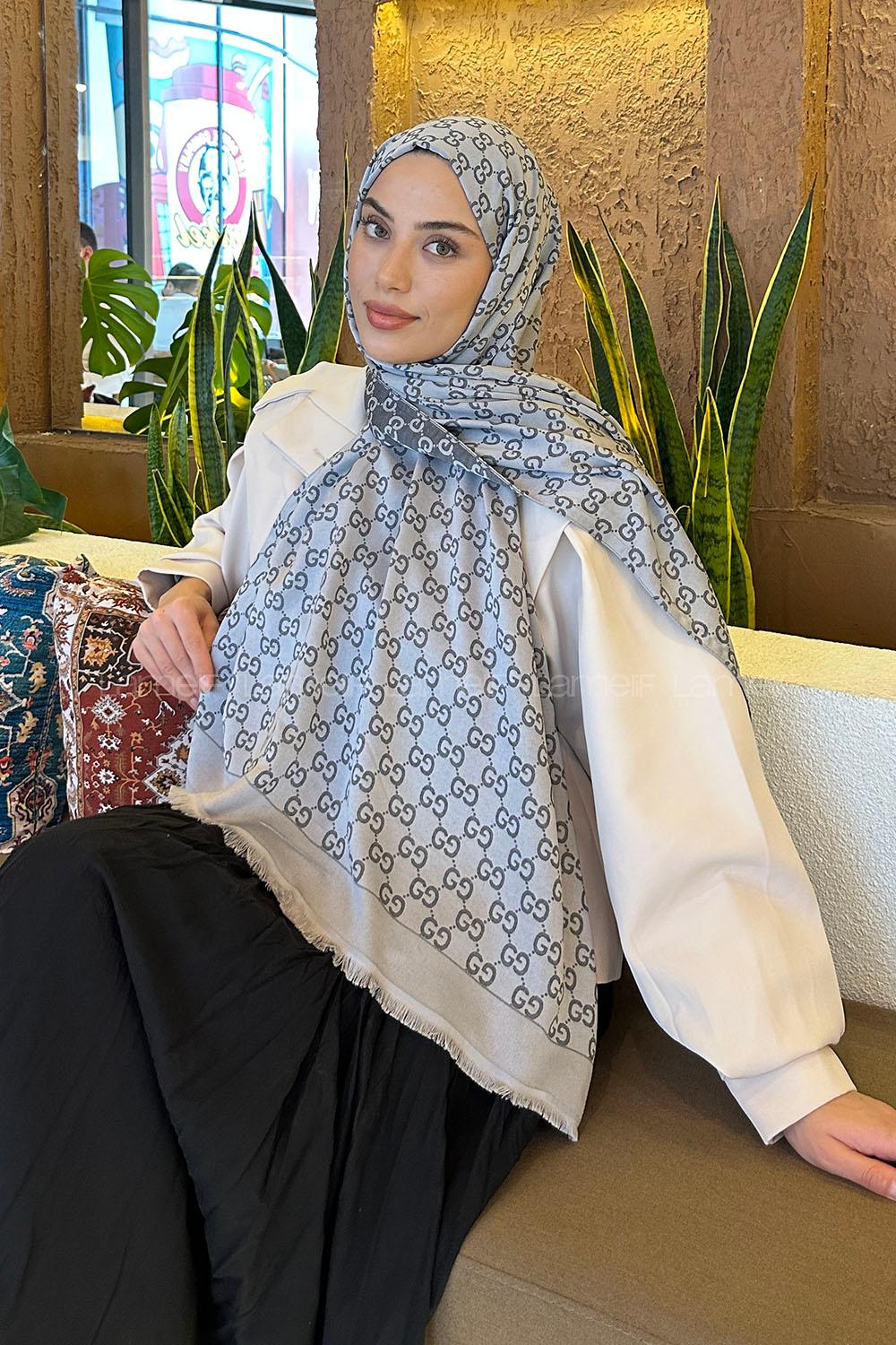 Lamelif G Desen Kaşmir Çift Taraflı Şal Gri Antrasit
