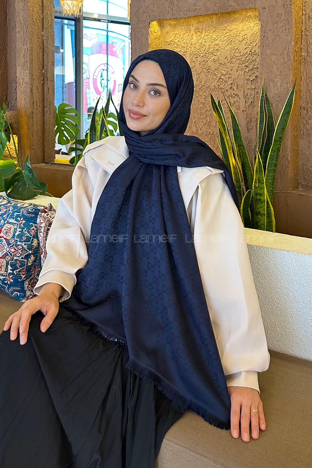 Lamelif G Desen Kaşmir Çift Taraflı Şal Lacivert